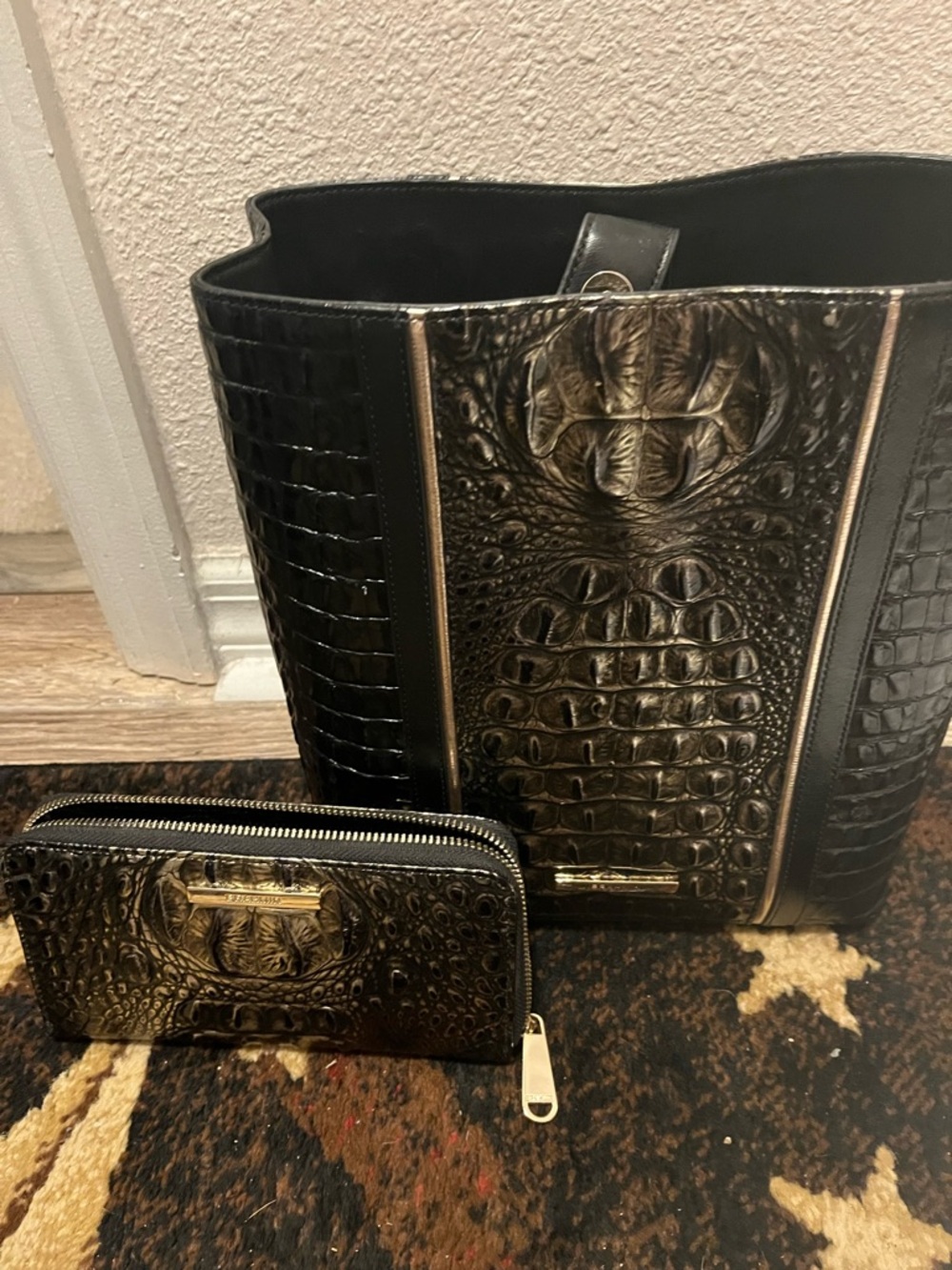 Brahmin Black Croc-Embossed Satchel with Gold Hardware